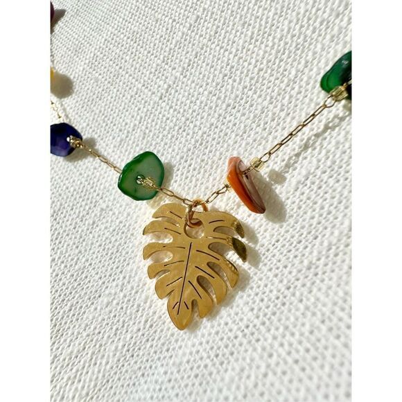 Multicolor stone palm leaf summertime Bohemian necklace  - Picture 6 of 6